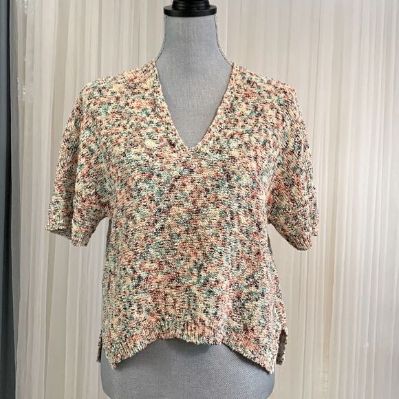 LOU & GREY Vneck  dolman sleeves Multicolor knit hi-lo sweater top OVERSIZED XS - Picture 1 of 9